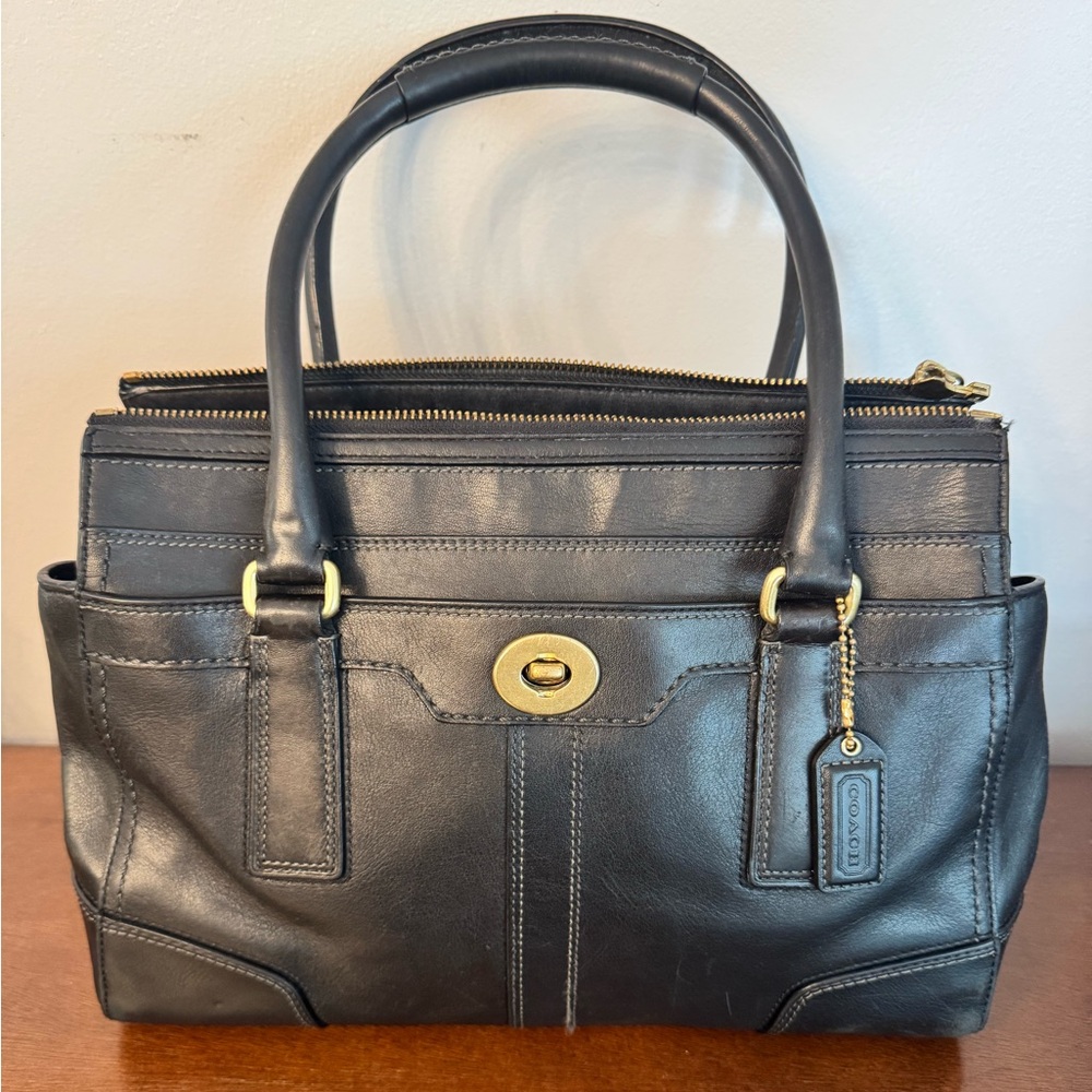 Vintage COACH, Top Handle Handbag, Black Leather Satchel, Barrel Handle Handbag.